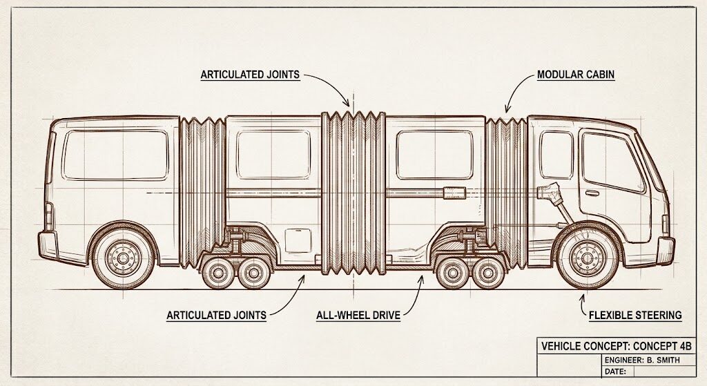 Engineering sketch of a rejected vehicle concept: a van that bends in the middle, with articulated joints, accordion sections, all-wheel drive, and flexible steering