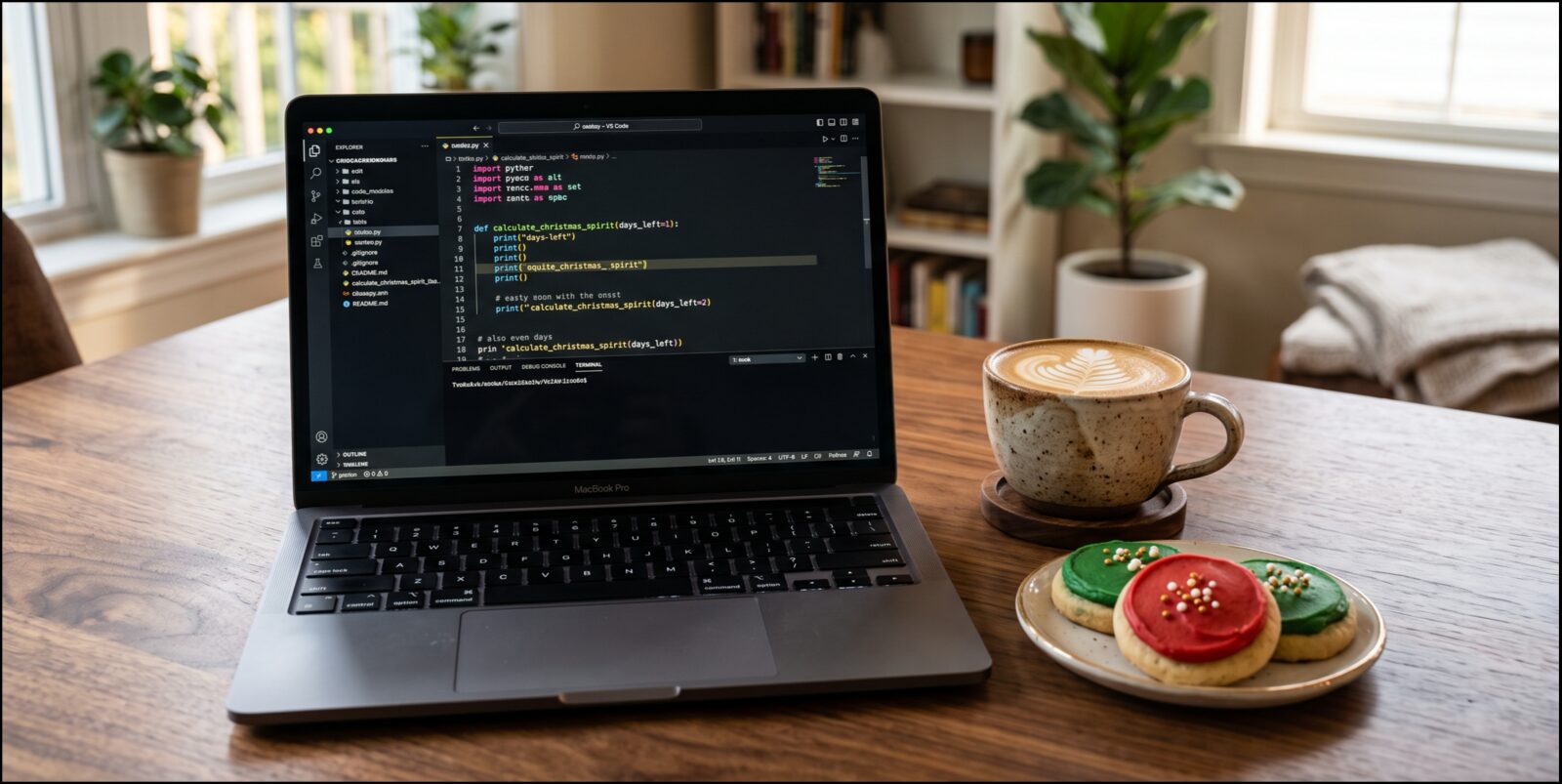 Laptop showing code in an editor on a wooden desk, beside a latte and a plate of red and green frosted cookies