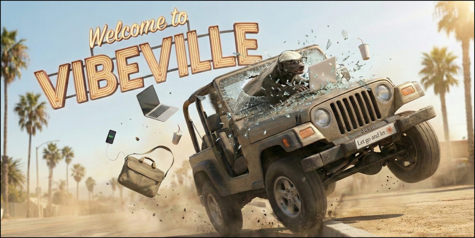 Satirical postcard reading Welcome to Vibeville: a jeep tears through a palm-lined street, windshield shattering, laptops and briefcases flying